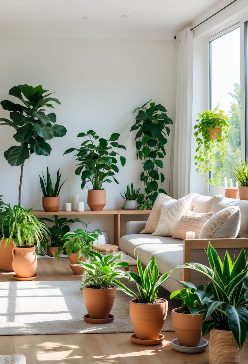 A living room with a sofa surrounded by various indoor plants in pots near a large window letting in natural light.