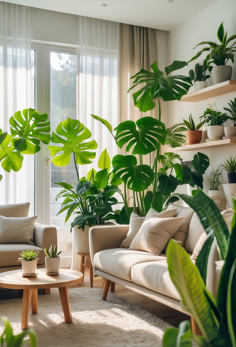 A modern living room with various indoor plants placed around a sofa and coffee table, illuminated by natural sunlight from large windows.