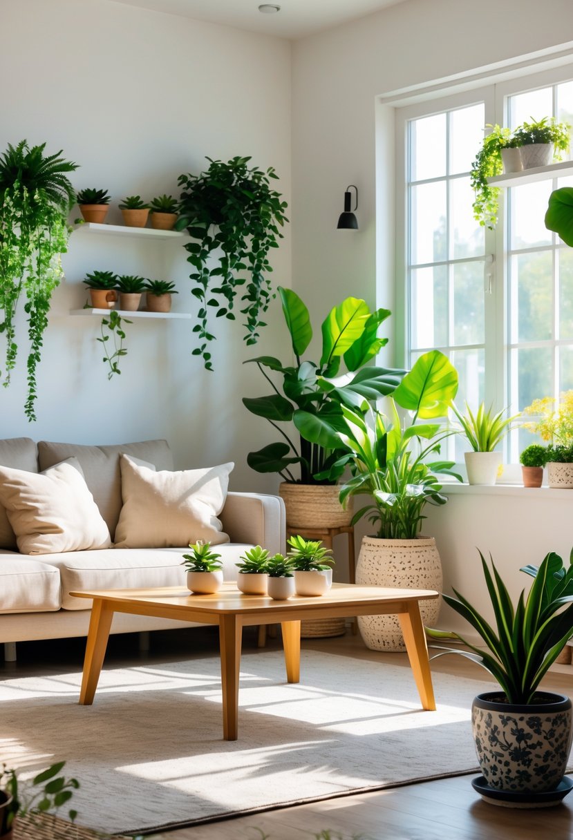 A living room with a sofa, coffee table, and various indoor plants arranged around the space near windows.