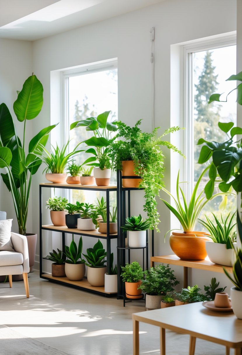 A living room with various indoor plants arranged on shelves, stands, and windowsill, with natural light filling the space.