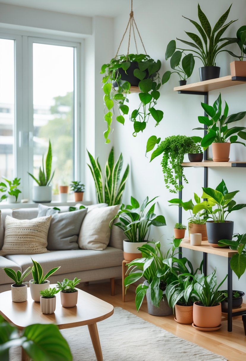 A bright living room with various healthy indoor plants arranged around a sofa and coffee table, illuminated by natural light from large windows.