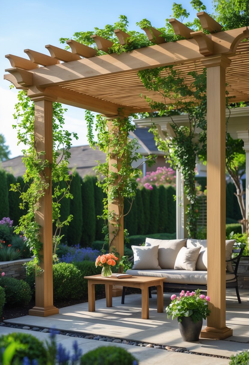 An outdoor wooden pergola with climbing plants, seating area, and a small table in a garden surrounded by flowers and greenery under a clear sky.