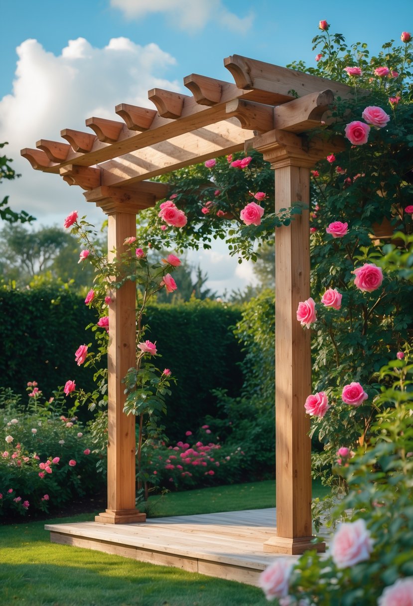 A wooden pergola covered with blooming climbing roses in a garden with green plants and a blue sky.