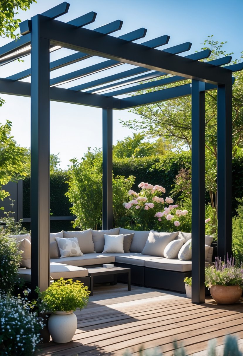 A modern metal pergola with outdoor seating surrounded by plants in a garden setting.