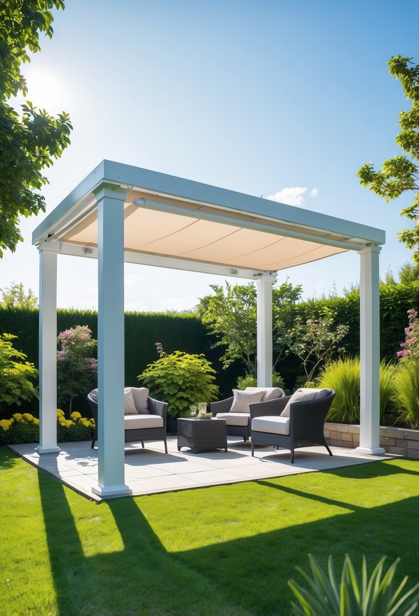 A white vinyl pergola with a partially extended retractable canopy over outdoor seating in a sunny garden.