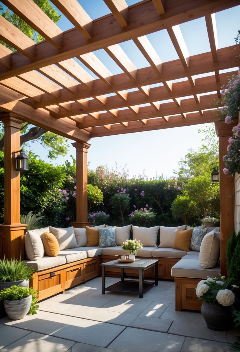 An outdoor wooden pergola with built-in seating surrounded by greenery and plants.