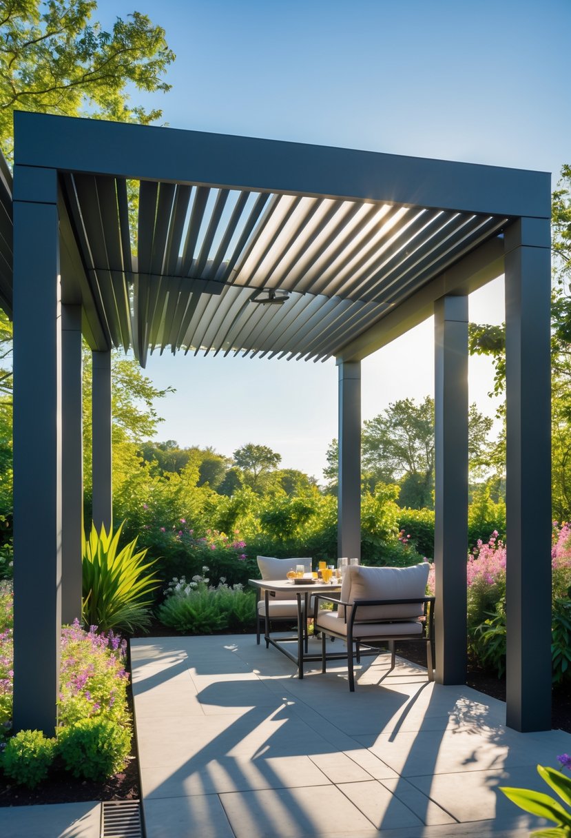 Outdoor pergola with adjustable louvers casting shadows over a patio with chairs and a table surrounded by plants.