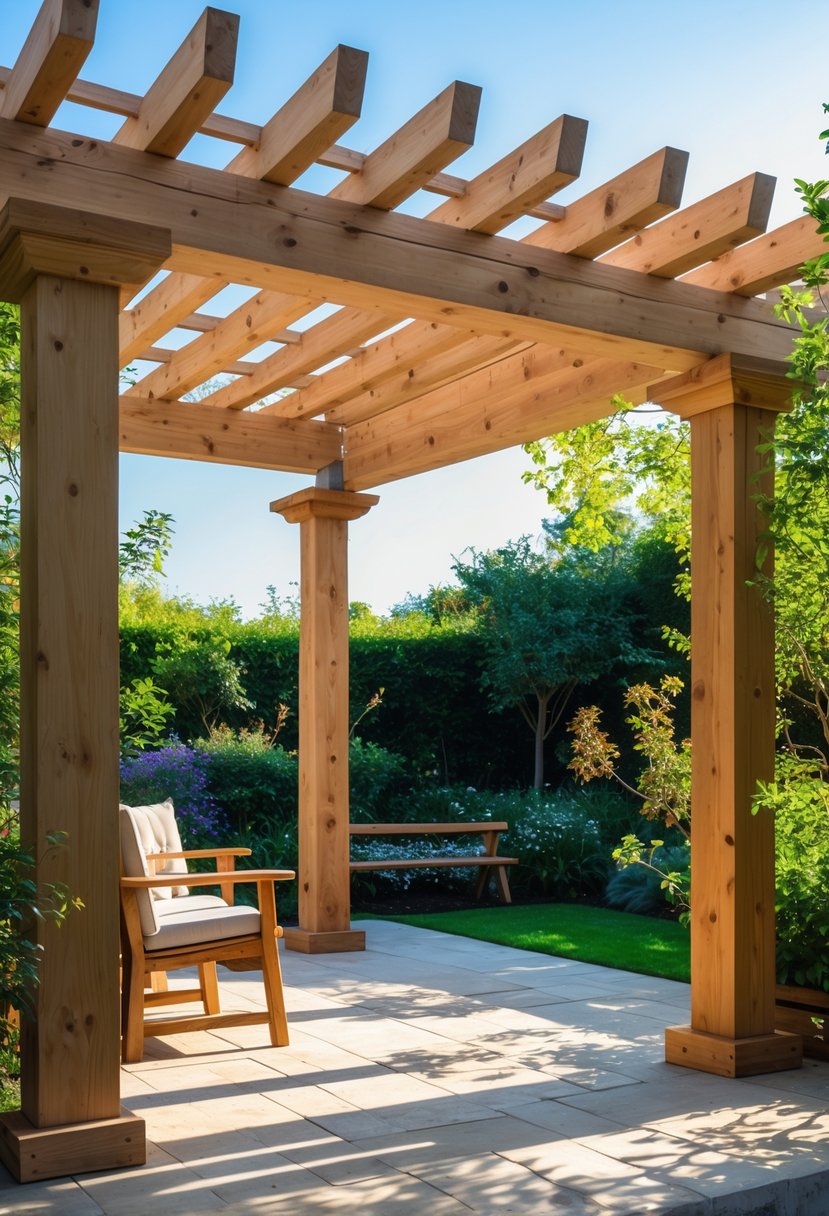 A wooden pergola in a garden setting with sunlight filtering through its slatted roof and surrounded by green plants.