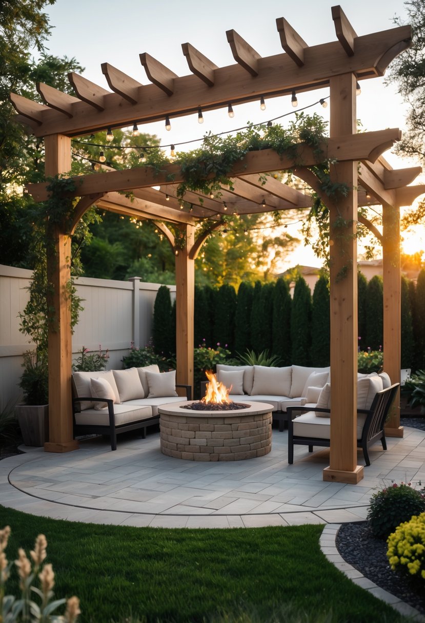 Outdoor wooden pergola over a fire pit area with seating surrounded by plants in a backyard.