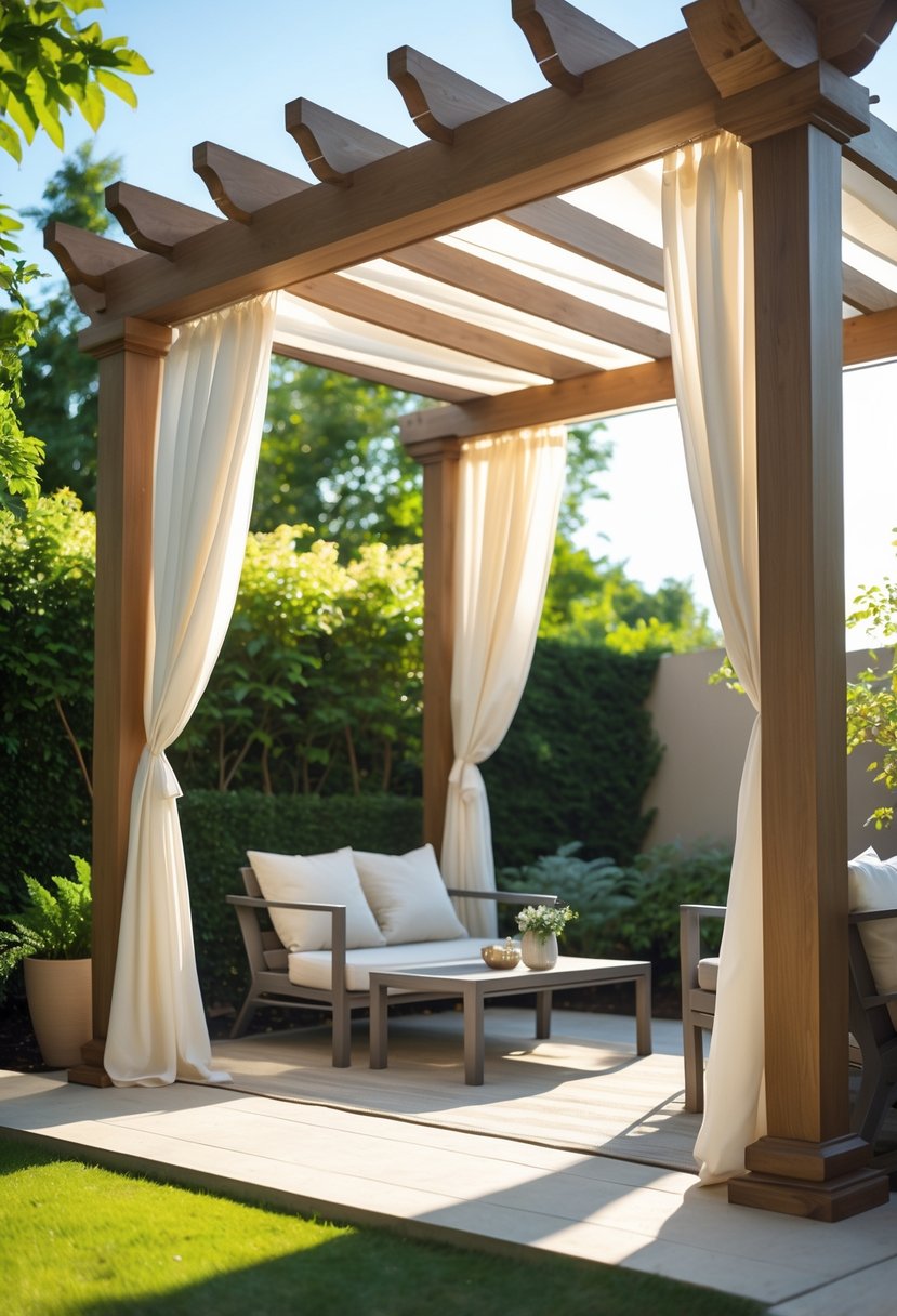 Outdoor wooden pergola with white fabric drapes tied back, surrounded by green plants and outdoor furniture.