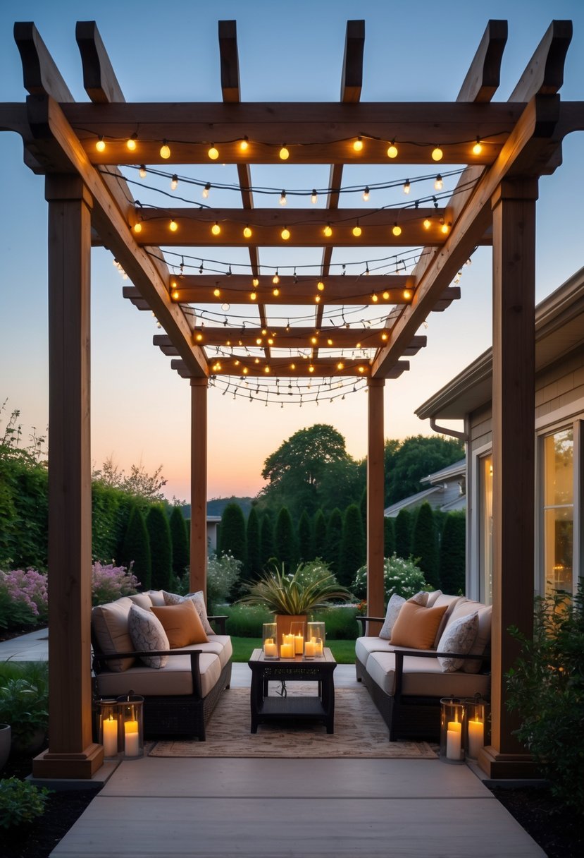An outdoor wooden pergola with string lights, seating area, and garden plants under a clear evening sky.