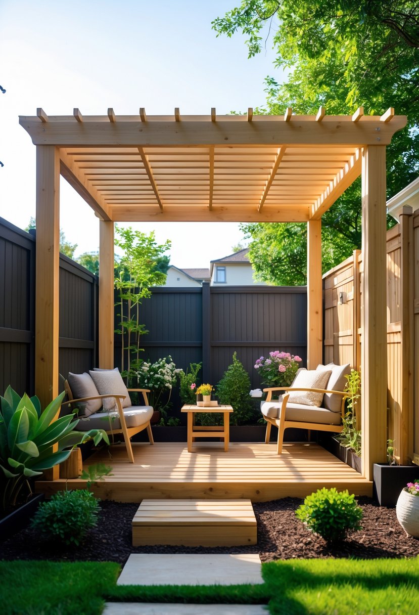 A small backyard with a wooden pergola featuring a slatted roof, surrounded by plants and a seating area underneath.