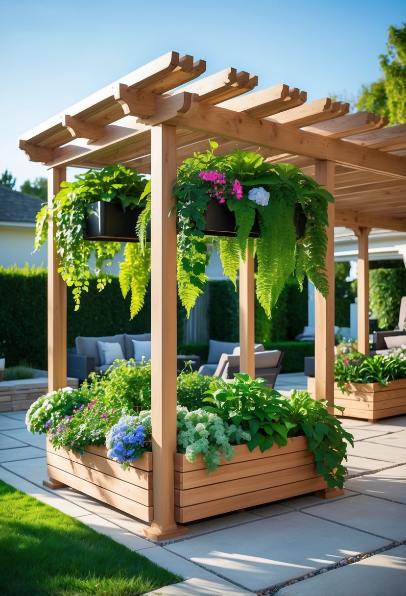 A wooden pergola with built-in planter boxes filled with green plants and flowers in a sunny garden setting.