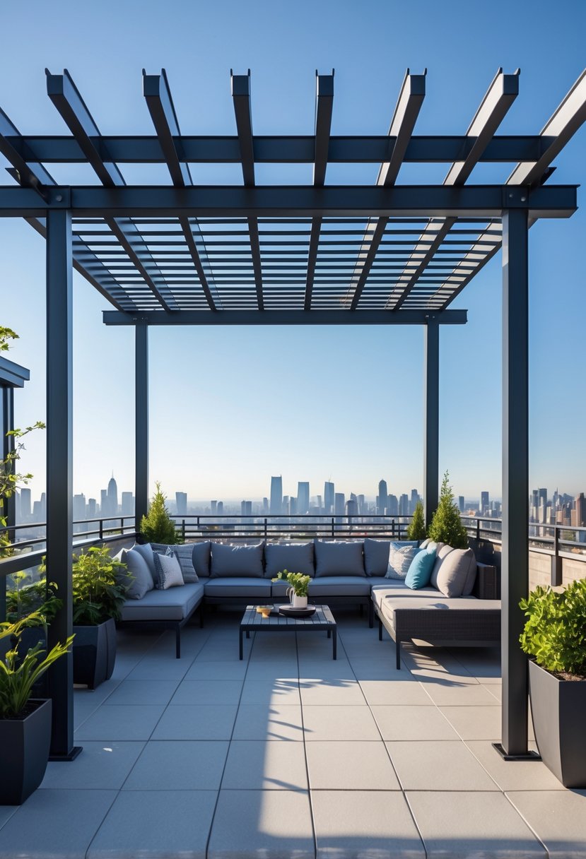 A rooftop terrace with a metal pergola, outdoor seating, potted plants, and a city skyline in the background.