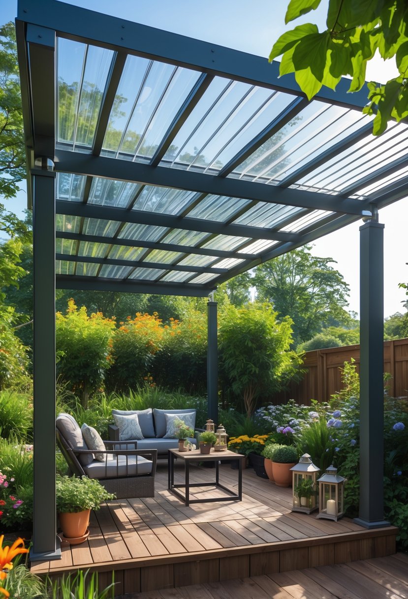 Outdoor pergola with a transparent roof over a wooden deck surrounded by plants and outdoor furniture.