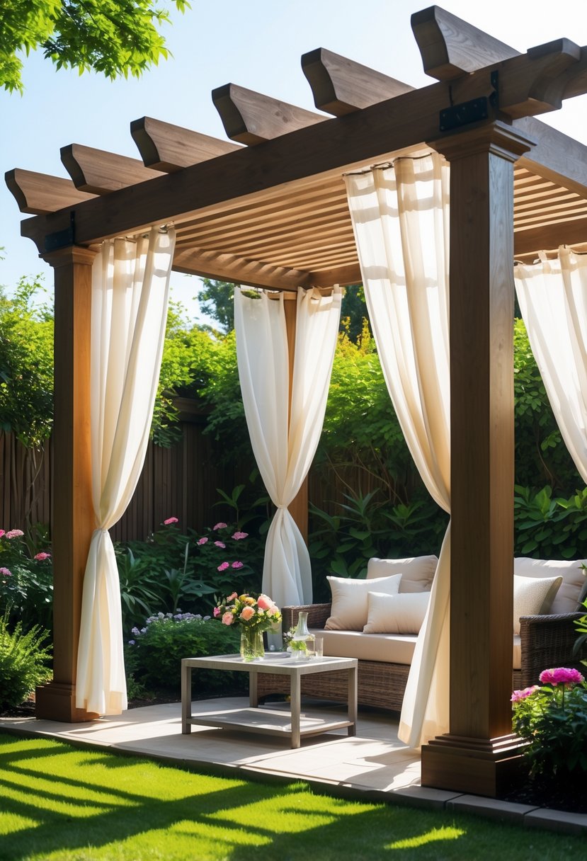 A wooden pergola with white outdoor curtains in a garden surrounded by plants and flowers, featuring comfortable seating underneath.