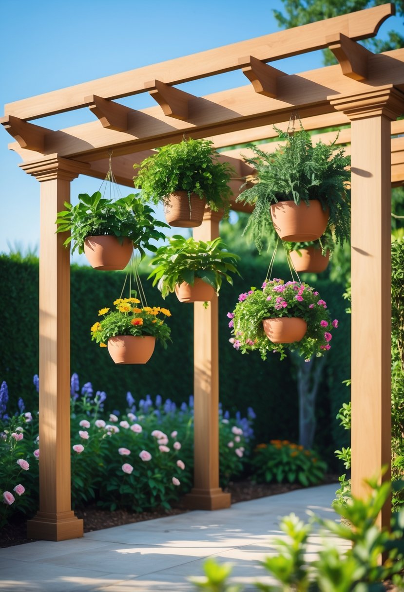 Outdoor wooden pergola with hanging potted plants surrounded by greenery and flowers under a clear sky.