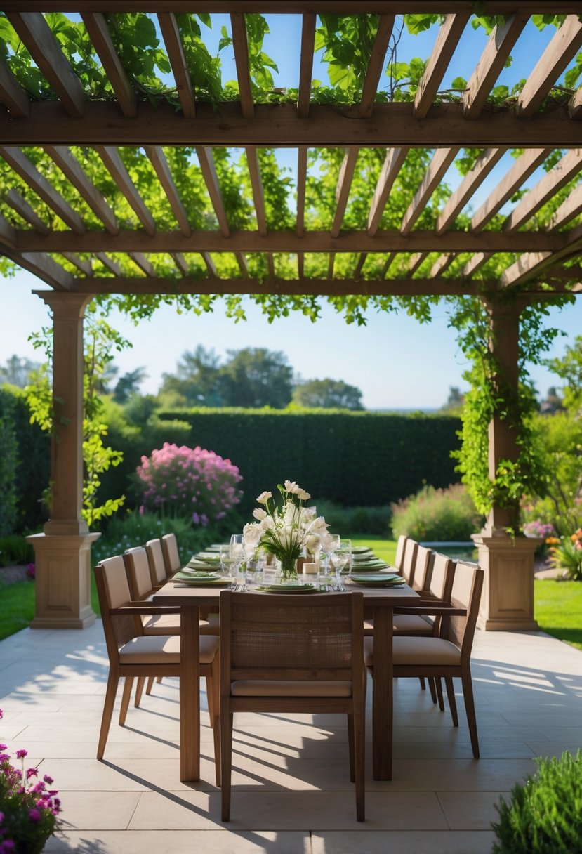 Outdoor dining area under a wooden pergola surrounded by greenery and flowers.