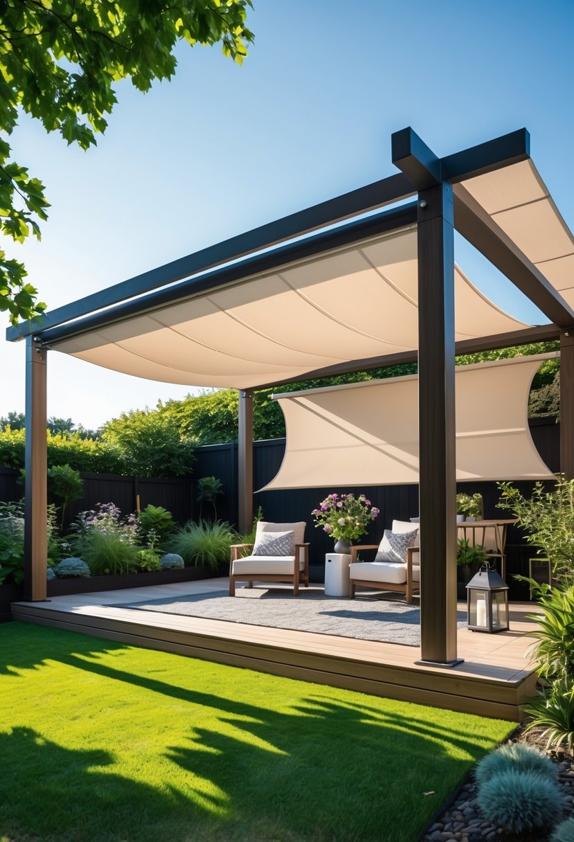 Outdoor pergola with retractable shade sails partially extended over a seating area surrounded by greenery and flowers.