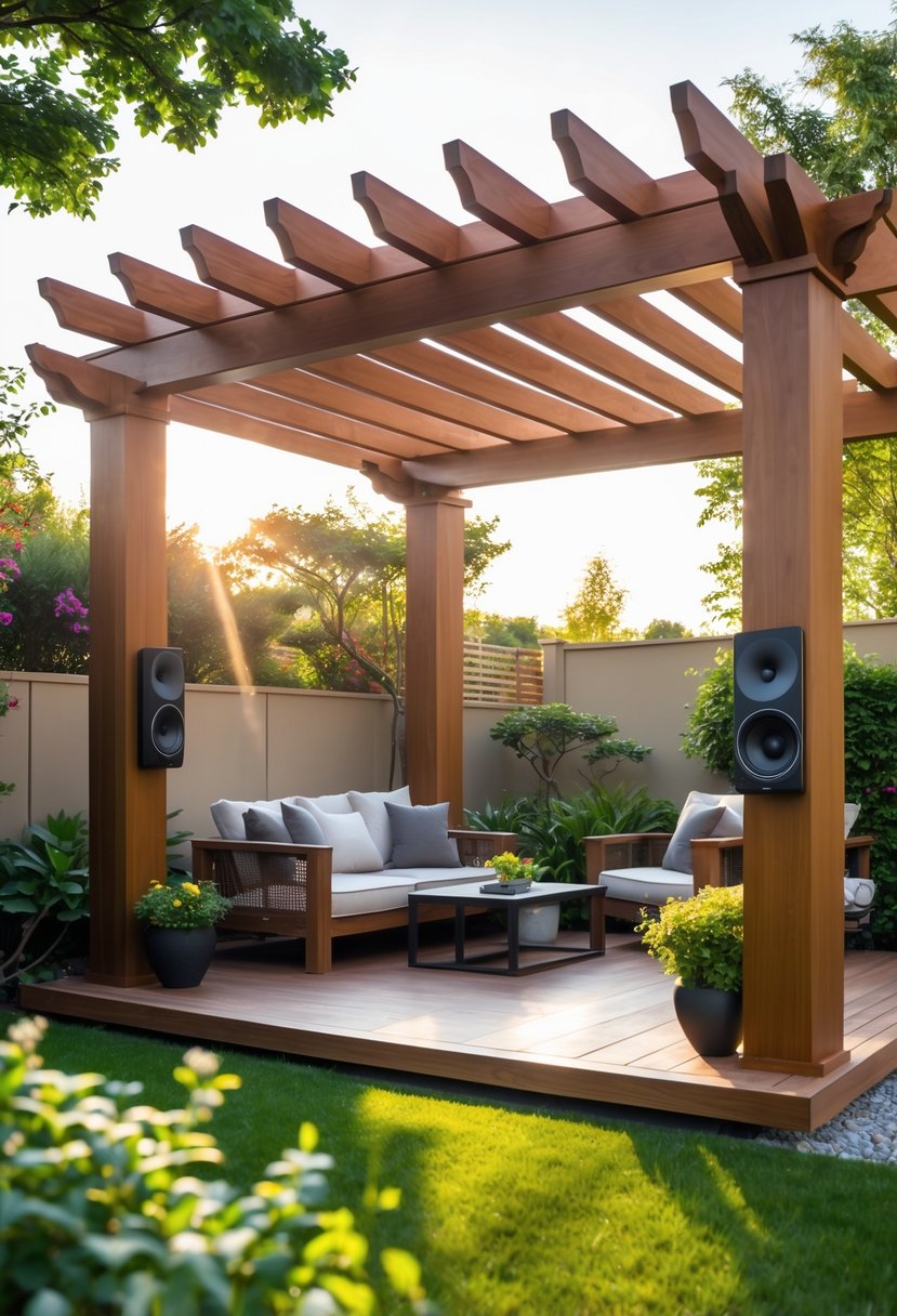Outdoor wooden pergola with built-in speakers, seating area, and surrounding garden plants.
