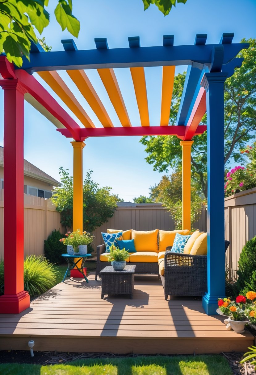A colorful pergola painted in bright red, blue, and yellow surrounded by green plants and outdoor furniture in a garden.
