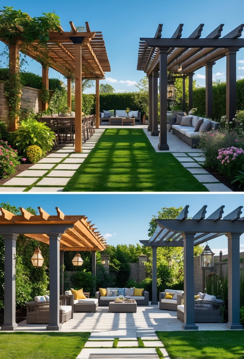 An outdoor garden featuring multiple pergolas of different styles surrounded by plants and outdoor furniture.