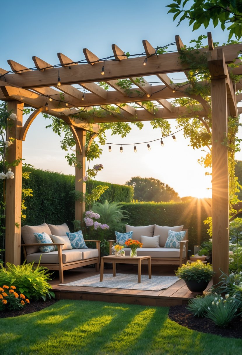 A wooden pergola with climbing vines over a cozy outdoor seating area surrounded by green plants and flowers under a clear sky.