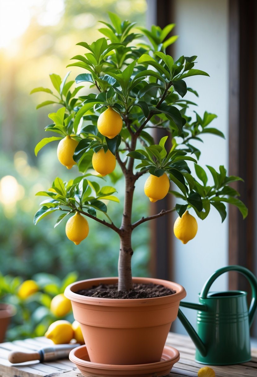 A lemon tree with green leaves and yellow lemons growing in a terracotta pot on a wooden surface with gardening tools nearby.