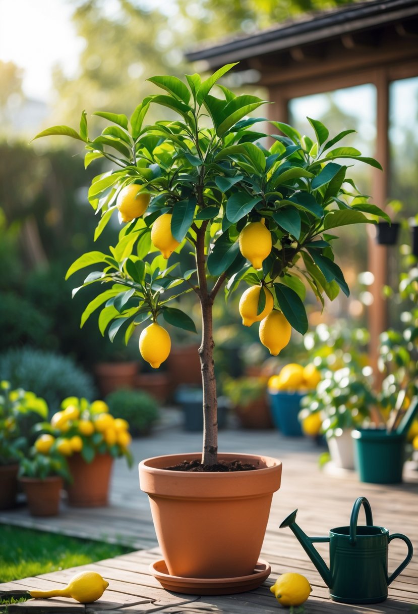 A lemon tree with ripe lemons growing in a pot on a wooden patio with gardening tools nearby.