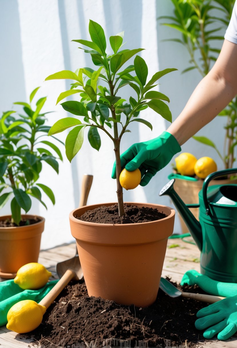 Hands planting a young lemon tree into a pot with gardening tools nearby on a wooden table.