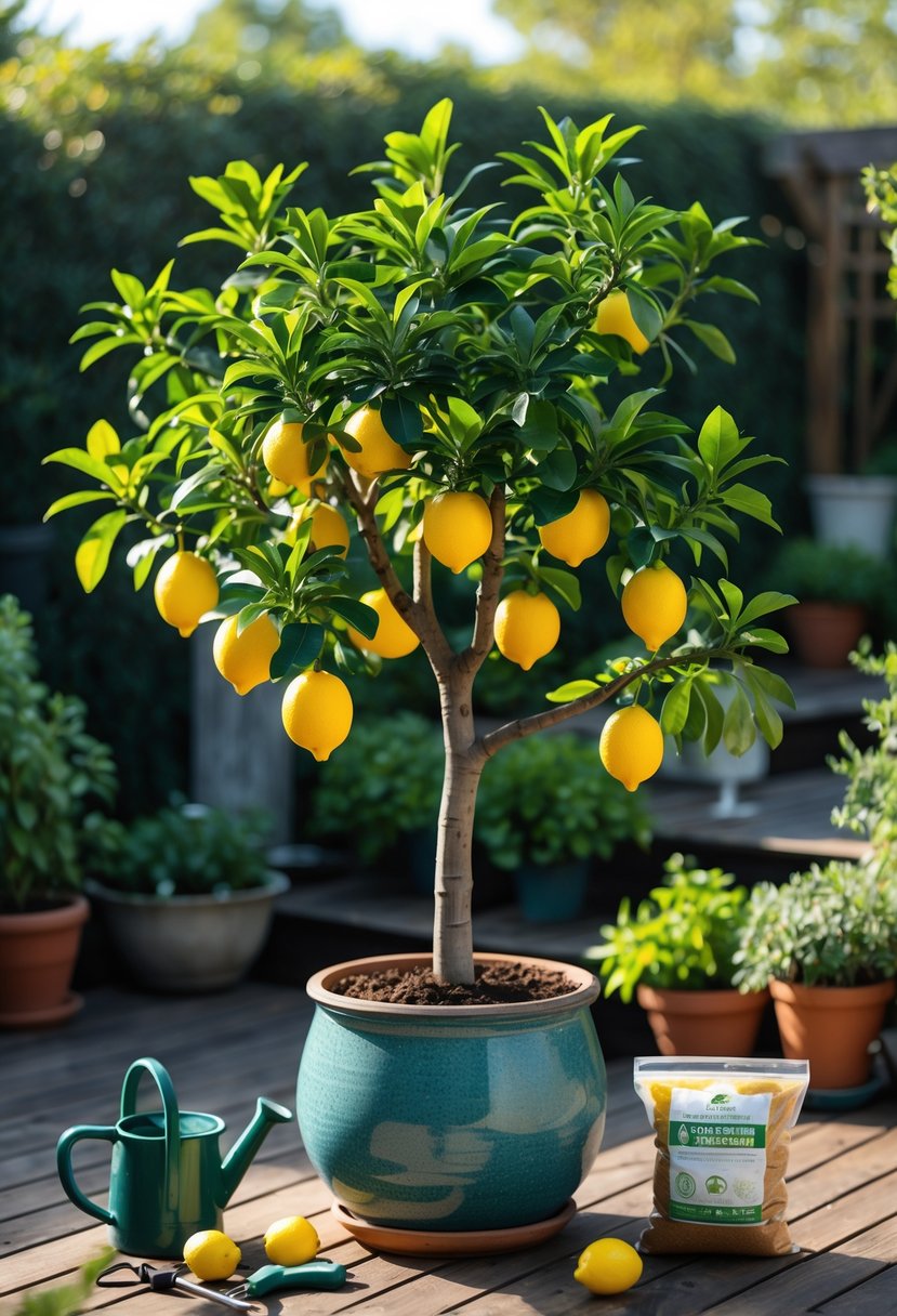 A healthy potted lemon tree with ripe lemons on a wooden deck surrounded by gardening tools and greenery.