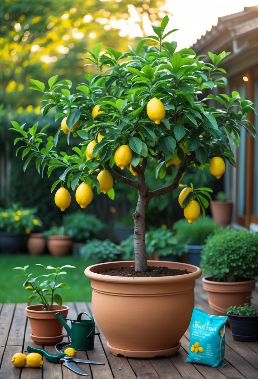 A lemon tree with ripe lemons growing in a large pot on a wooden patio surrounded by gardening tools.