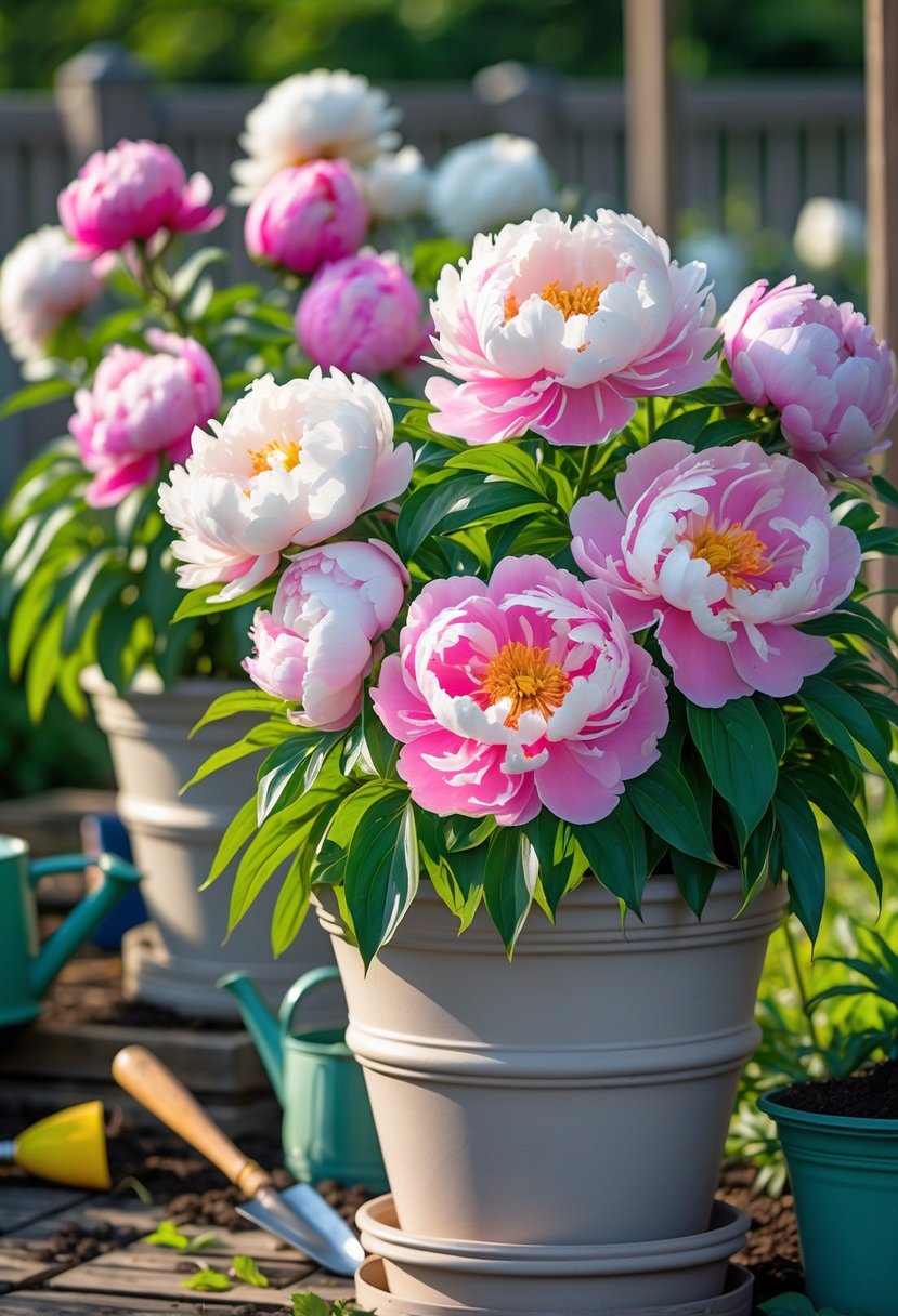 Large blooming pink and white peonies growing in flower pots on a wooden deck with gardening tools nearby.