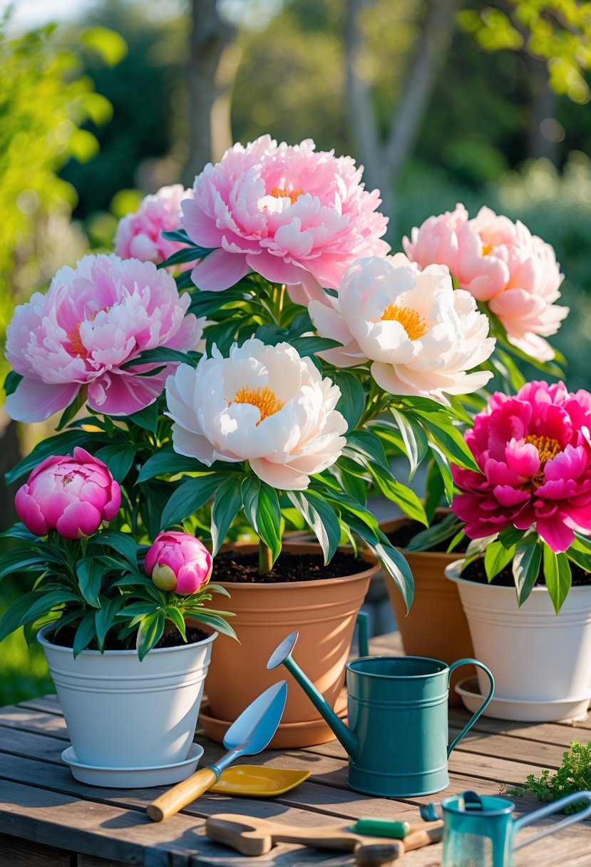 Large blooming peony flowers in decorative pots on a wooden table with gardening tools and a blurred garden background.