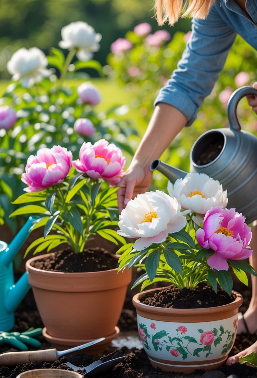 Hands planting peony plants in flower pots outdoors with gardening tools nearby.