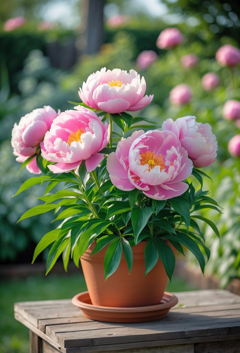 A healthy potted peony plant with large pink flowers sitting on a wooden surface outdoors.