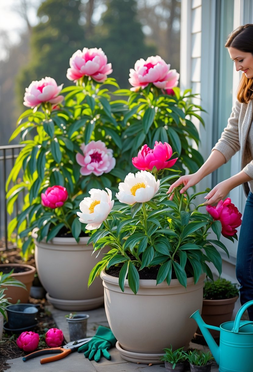 Large blooming peony plants growing in flower pots on a sunlit patio with a gardener tending to them and gardening tools nearby.