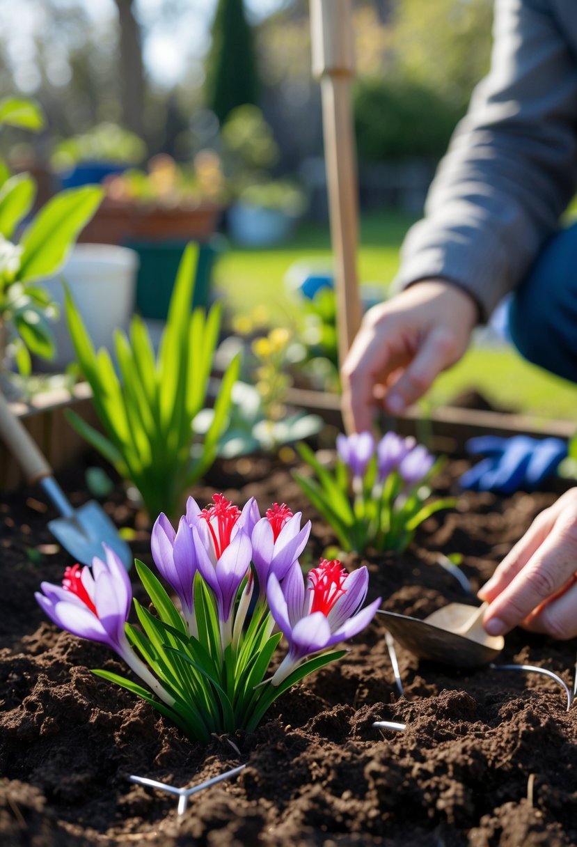 Close-up of a home garden with blooming saffron flowers and hands tending to the plants.