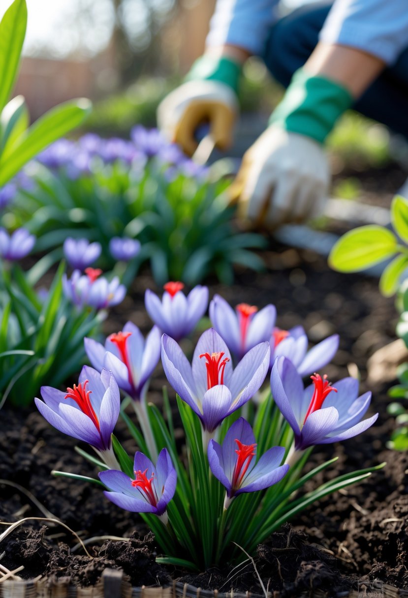 Close-up of saffron flowers growing in a home garden with a gardener’s hands tending the plants.