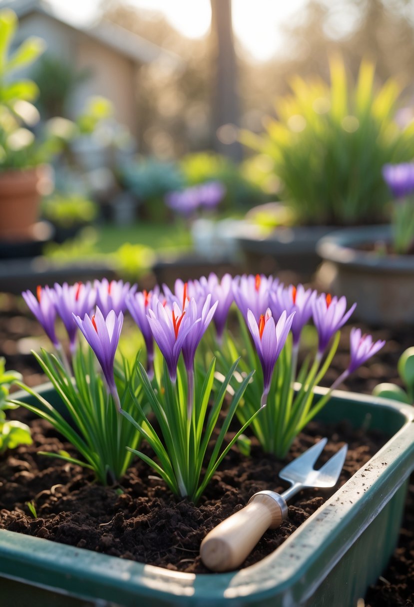 Close-up of blooming purple saffron flowers growing in a home garden with gardening tools nearby.