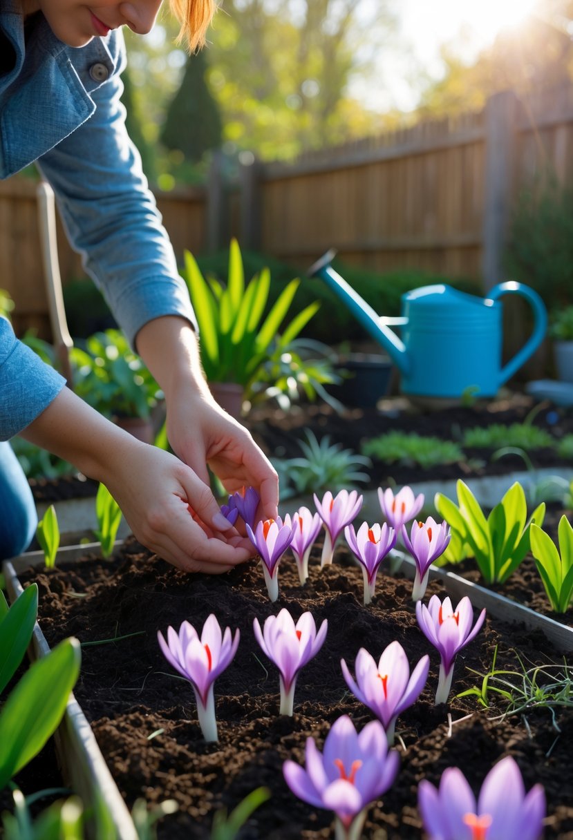 Hands planting saffron crocus bulbs in soil with purple flowers and garden tools nearby in a home garden.