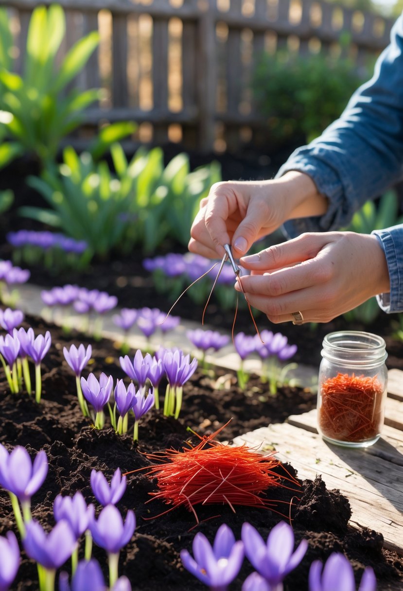 Hands harvesting red saffron threads from purple saffron flowers growing in a home garden, with a jar of dried saffron nearby on a wooden table.